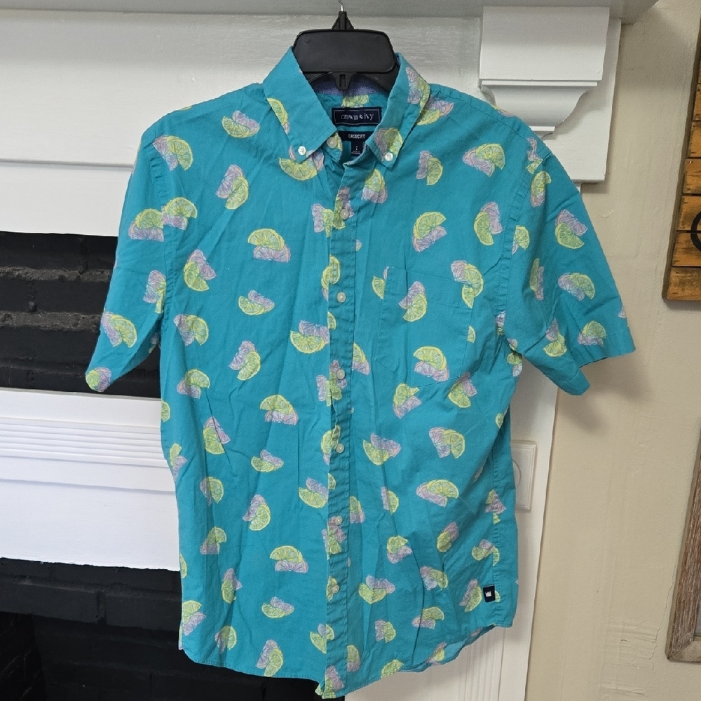 Crown & Ivy Blue Shirt with Lime Print